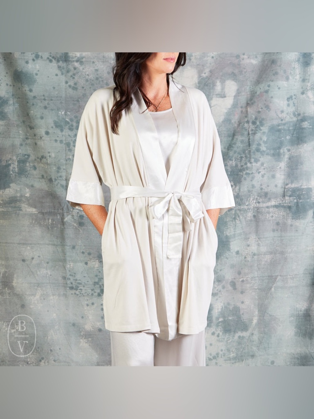 PJ Harlow Shala Robe Egg Nog Satin Trim Tie Waist Loungewear M/L Made in USA